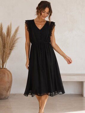 Abercrombie & Fitch Black Ruffle Chiffon Midi Dress Size M Boho Romantic